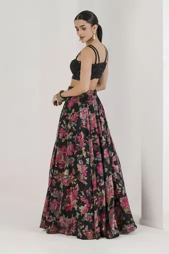 Black Floral Print Lehenga With Cape Set