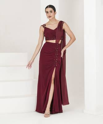 Maroon hand embroidered pre stitched saree 1