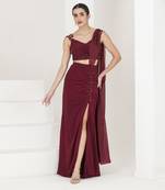 Maroon hand embroidered pre stitched saree