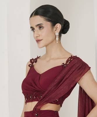 Maroon hand embroidered pre stitched saree 2