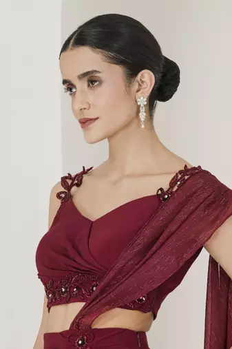 Maroon hand embroidered pre stitched saree