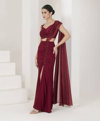 Maroon hand embroidered pre stitched saree 3