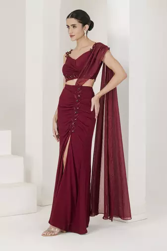 Maroon hand embroidered pre stitched saree
