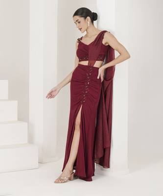 Maroon hand embroidered pre stitched saree 4