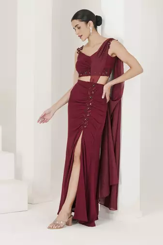Maroon hand embroidered pre stitched saree