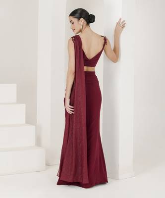 Maroon hand embroidered pre stitched saree 5