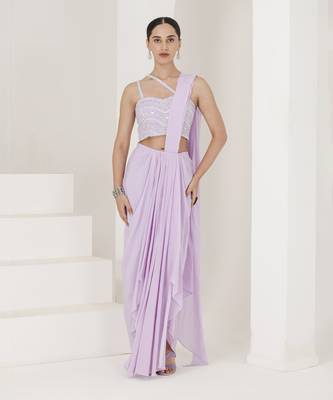 Lilac hand embroidered pre stitched saree 1