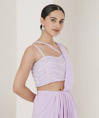 Lilac hand embroidered pre stitched saree 2