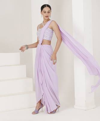 Lilac hand embroidered pre stitched saree 3