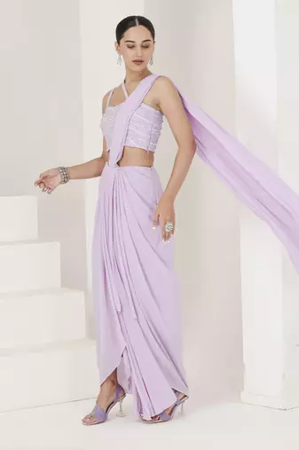 Lilac hand embroidered pre stitched saree