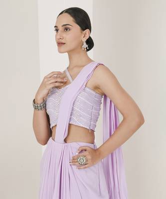 Lilac hand embroidered pre stitched saree 4
