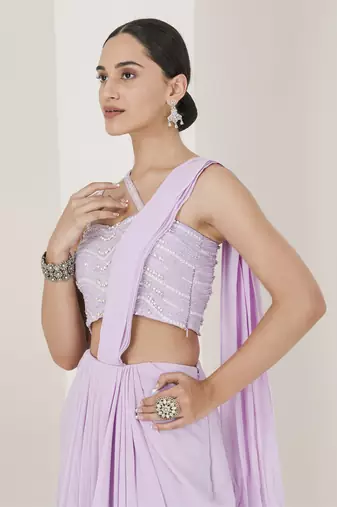 Lilac hand embroidered pre stitched saree