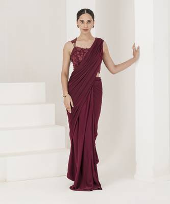 Wine hand embroidered pre stitched saree 1