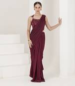 Wine hand embroidered pre stitched saree
