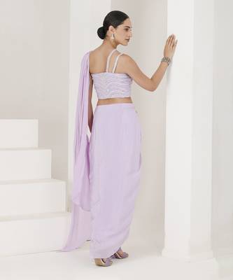 Lilac hand embroidered pre stitched saree 5