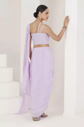 Lilac hand embroidered pre stitched saree