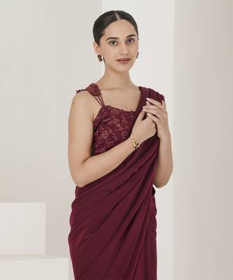 Wine hand embroidered pre stitched saree 2
