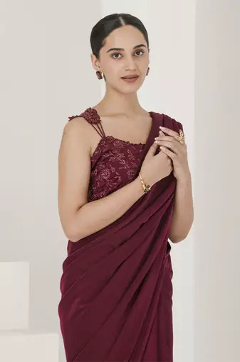 Wine hand embroidered pre stitched saree