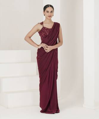 Wine hand embroidered pre stitched saree 3