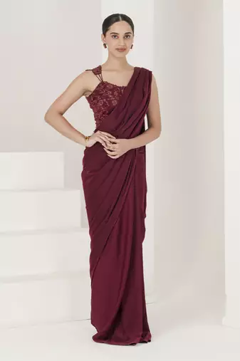 Wine hand embroidered pre stitched saree