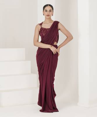 Wine hand embroidered pre stitched saree 4