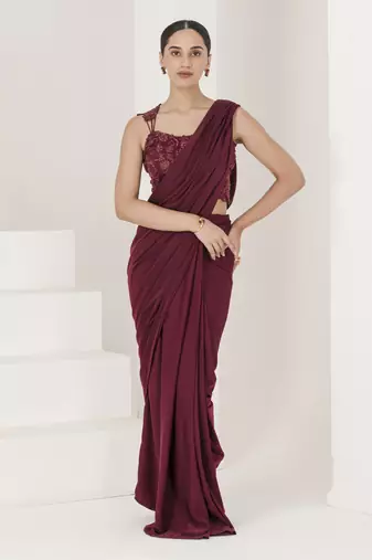 Wine hand embroidered pre stitched saree