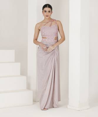 Shimmer pink embroidered pre stitched saree 1