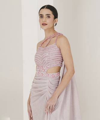 Shimmer pink embroidered pre stitched saree 3