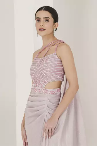 Shimmer pink embroidered pre stitched saree