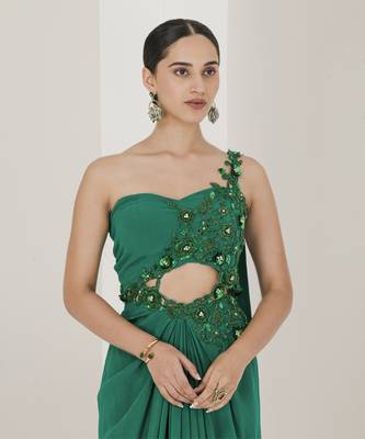 Crepe hand embroidered pre stitched saree 2