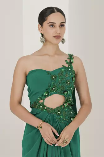 Crepe hand embroidered pre stitched saree