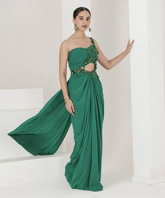 Crepe hand embroidered pre stitched saree 3