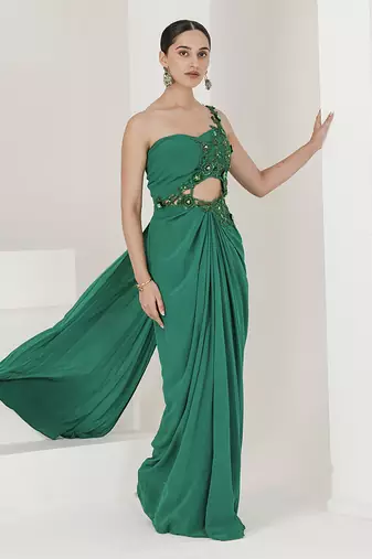 Crepe hand embroidered pre stitched saree