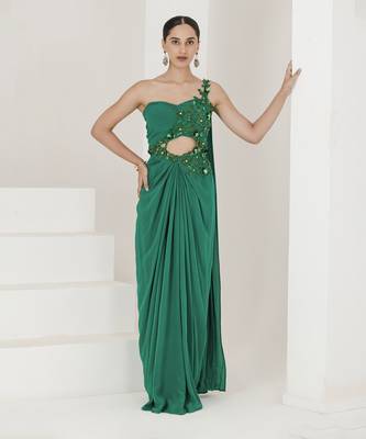 Crepe hand embroidered pre stitched saree 4
