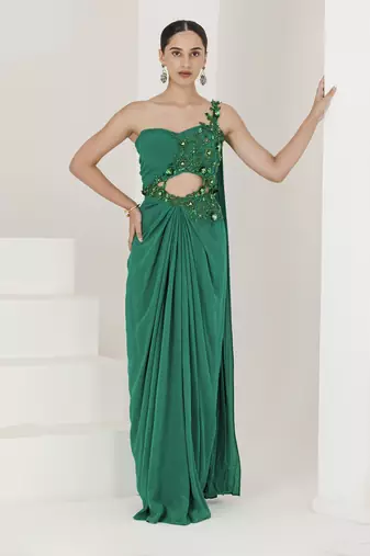 Crepe hand embroidered pre stitched saree