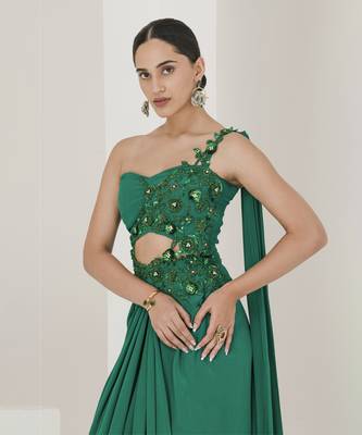 Crepe hand embroidered pre stitched saree 5