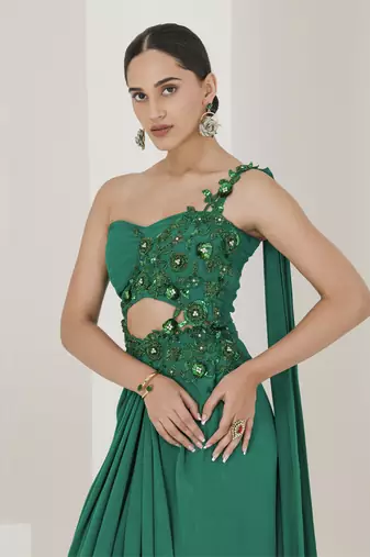 Crepe hand embroidered pre stitched saree