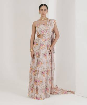 Blush Pink Chiffon Floral Printed Pre-Stitched Wedding Saree 1