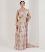 Blush Pink Chiffon Floral Printed Pre-Stitched Wedding Saree