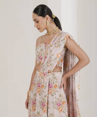 Blush Pink Chiffon Floral Printed Pre-Stitched Wedding Saree 2