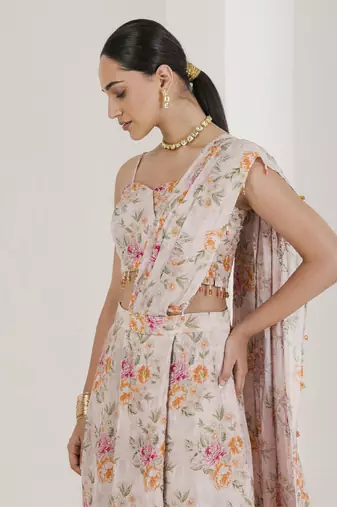 Blush Pink Chiffon Floral Printed Pre-Stitched Wedding Saree
