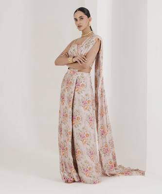 Blush Pink Chiffon Floral Printed Pre-Stitched Wedding Saree 3