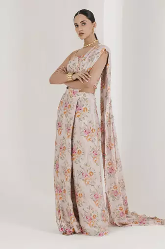 Blush Pink Chiffon Floral Printed Pre-Stitched Wedding Saree