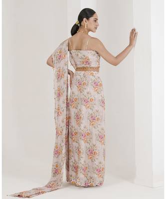 Blush Pink Chiffon Floral Printed Pre-Stitched Wedding Saree 4