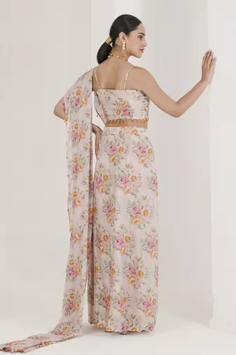 Blush Pink Chiffon Floral Printed Pre-Stitched Wedding Saree