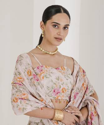 Blush Pink Chiffon Floral Printed Pre-Stitched Wedding Saree 5