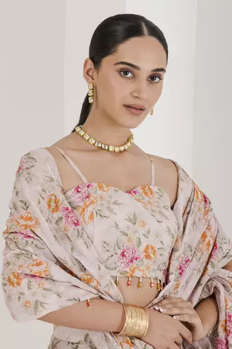 Blush Pink Chiffon Floral Printed Pre-Stitched Wedding Saree