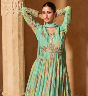 Teal embroidered chinon anarkali suit 2