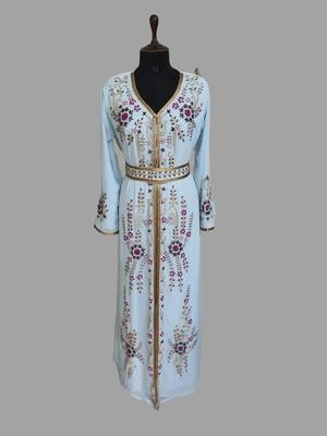 Sky-Blue color Handmade Moroccan Kaftan with hijjab 1