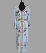 Sky-Blue color luxurious Handmade Moroccan Kaftan with hijjab